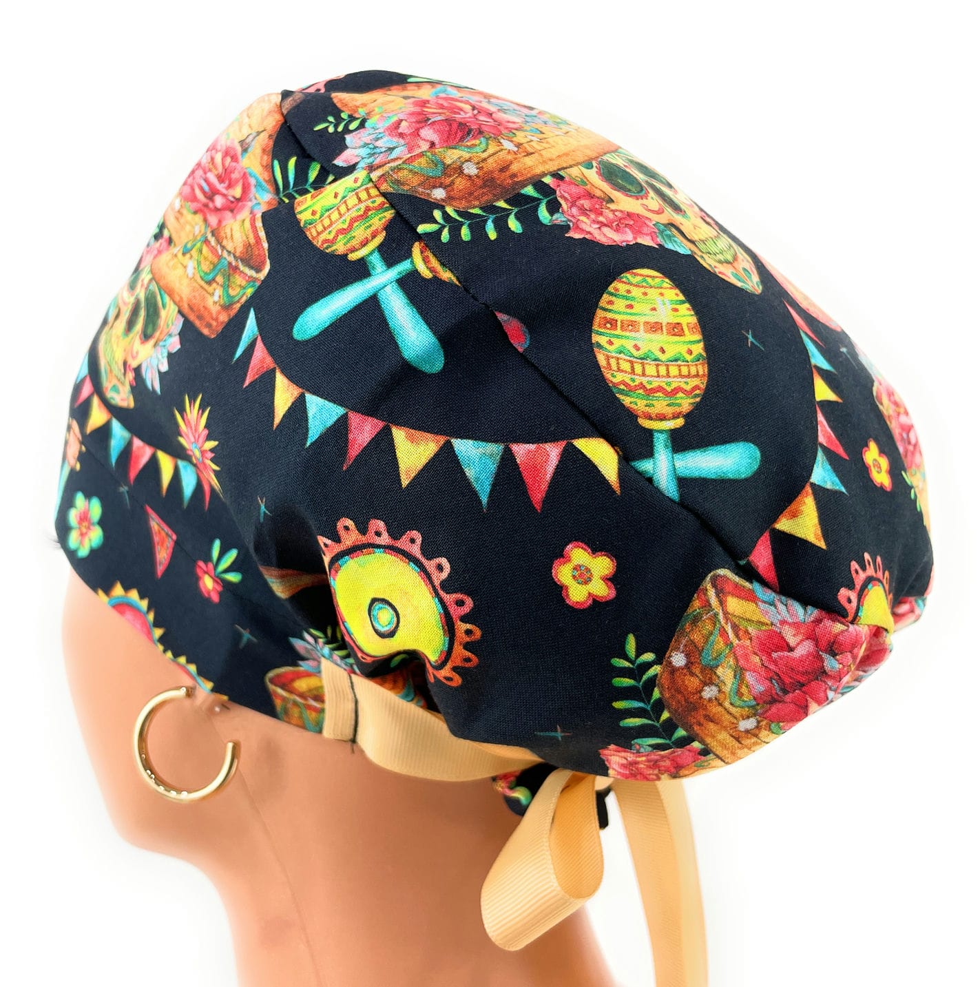 European Style Scrub Cap (Grosgrain Ribbon) - Sombrero/Sugar Skull - Image 4