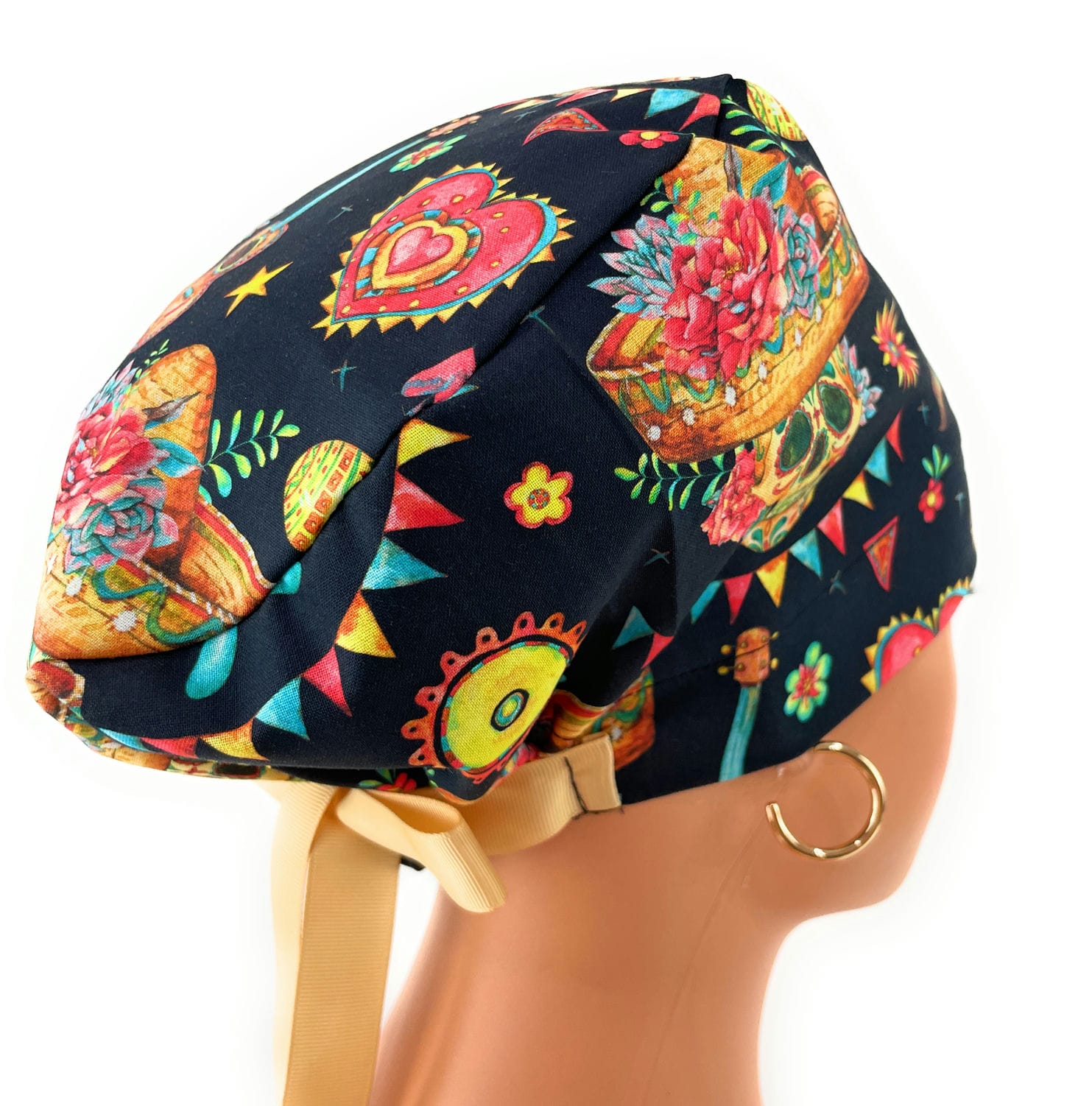 European Style Scrub Cap (Grosgrain Ribbon) - Sombrero/Sugar Skull - Image 5