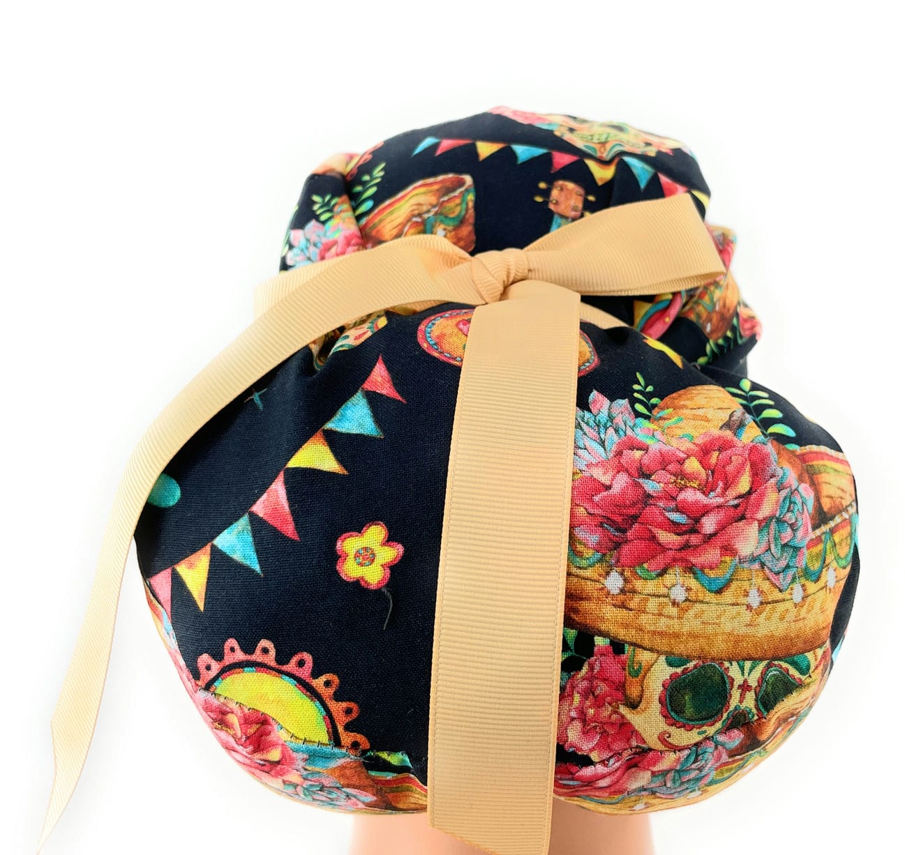 European Style Scrub Cap (Grosgrain Ribbon) - Sombrero/Sugar Skull - Image 7