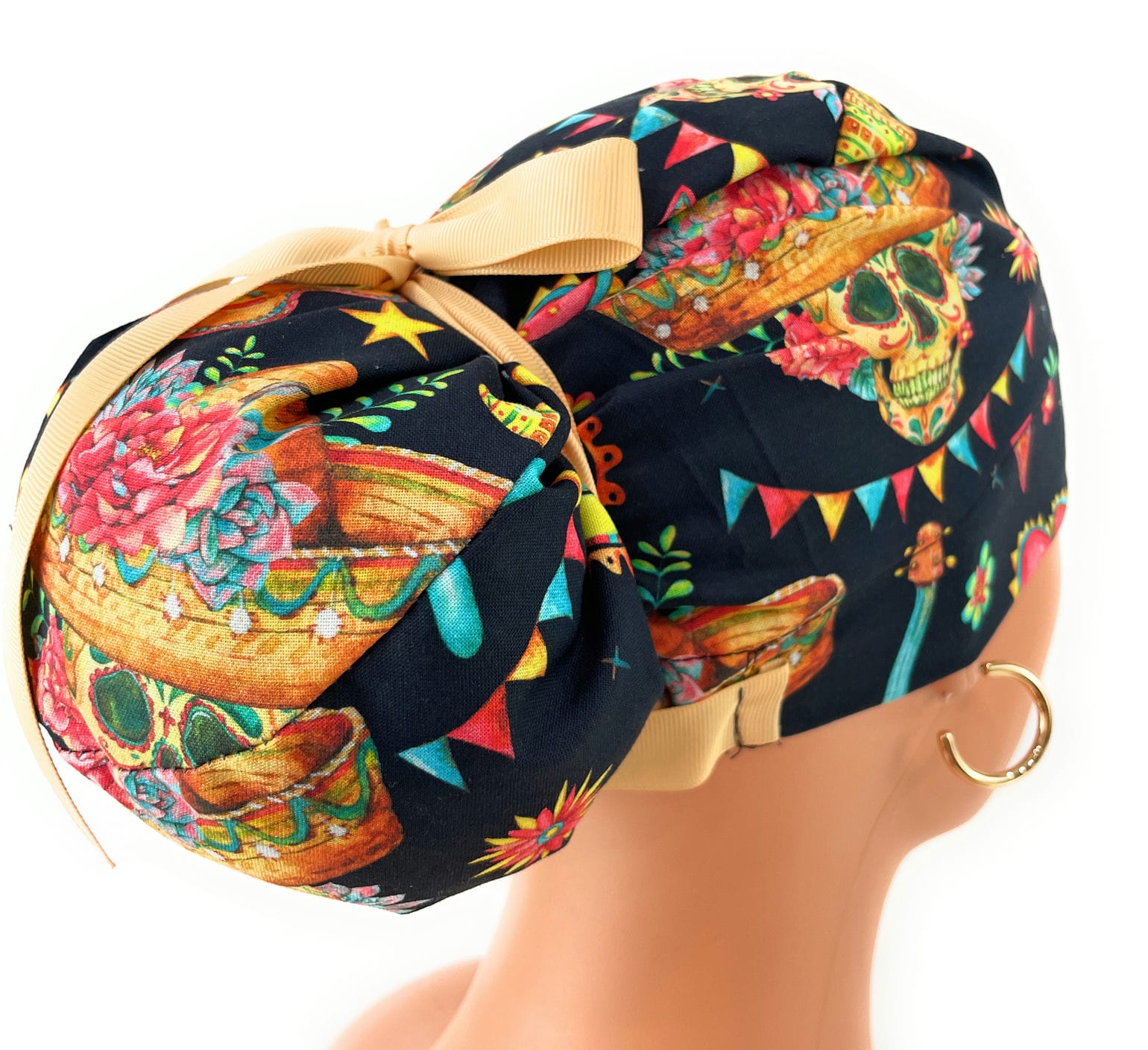 European Style Scrub Cap (Grosgrain Ribbon) - Sombrero/Sugar Skull - Image 8