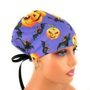 European Style Scrub Cap (Grosgrain Ribbon) - Halloween Bats/Pumpkins - Violet - DIGITAL PRINT