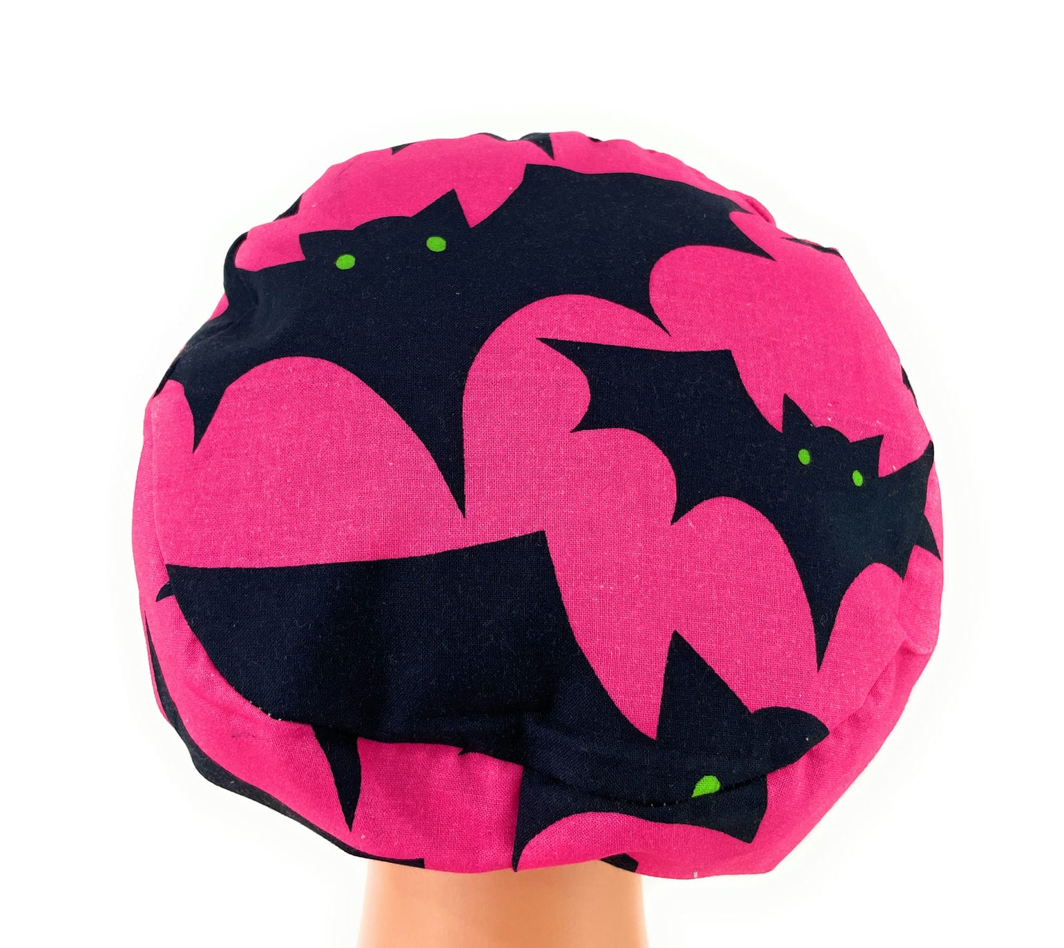 European Style Scrub Cap – (Sateen Ribbon) Halloween Bats and Cats/Glow in The Dark Spiders (Pink) - Image 9