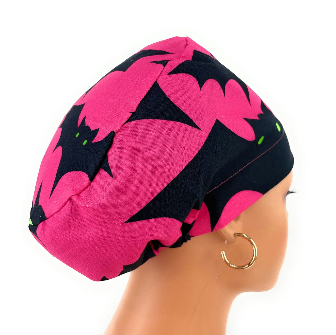 European Style Scrub Cap – (Sateen Ribbon) Halloween Bats and Cats/Glow in The Dark Spiders (Pink) - Image 8