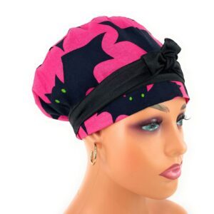 European Style Scrub Cap – (Sateen Ribbon) Halloween Bats and Cats/Glow in The Dark Spiders (Pink)