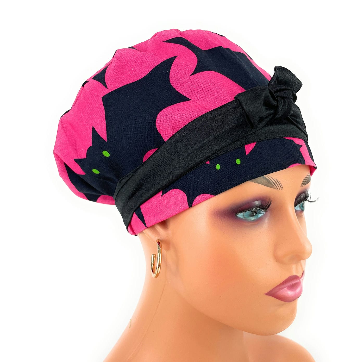 European Style Scrub Cap – (Sateen Ribbon) Halloween Bats and Cats/Glow in The Dark Spiders (Pink)