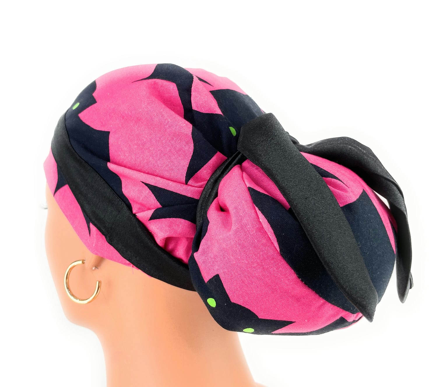 European Style Scrub Cap – (Sateen Ribbon) Halloween Bats and Cats/Glow in The Dark Spiders (Pink) - Image 3