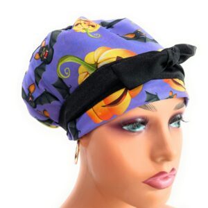 European Style Scrub Cap – (Sateen Ribbon) Halloween Bats/Pumpkins - Violet - DIGITAL PRINT