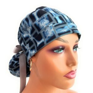 Turn Up Ponytail Medical Scrub Cap - Skeleton X-ray on Black Cotton Fabric