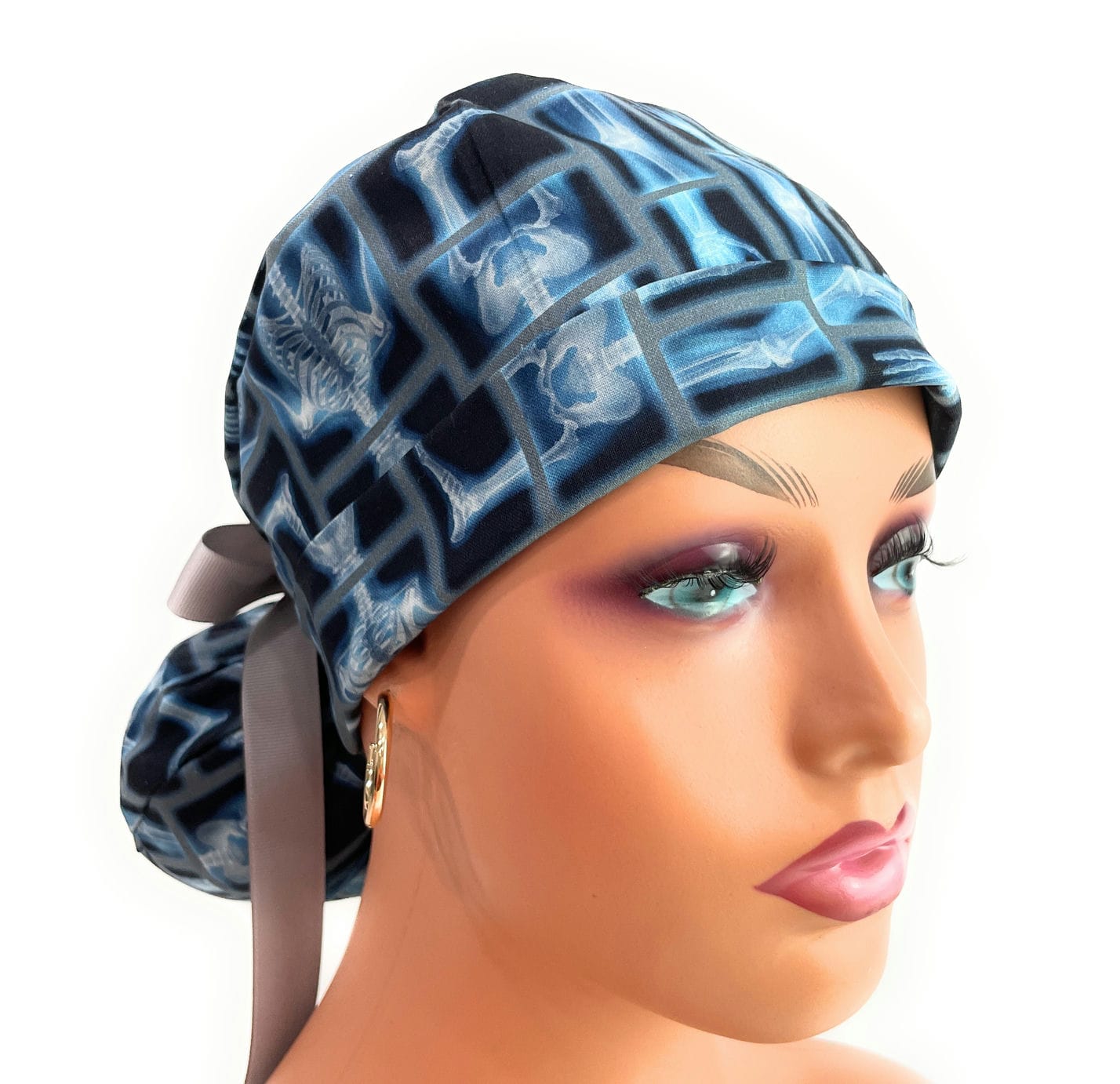 Turn Up Ponytail Medical Scrub Cap - Skeleton X-ray on Black Cotton Fabric