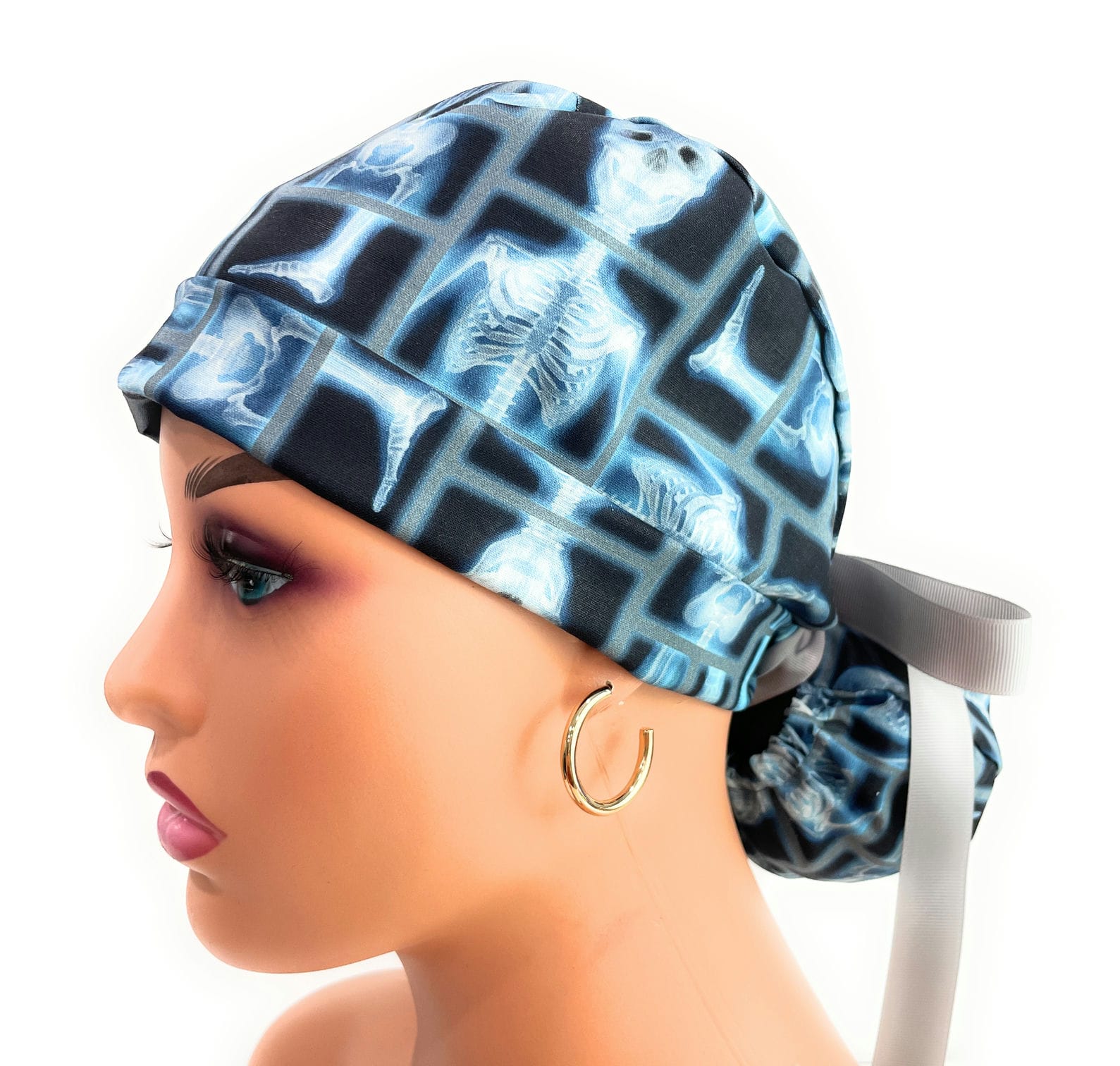 Turn Up Ponytail Medical Scrub Cap - Skeleton X-ray on Black Cotton Fabric - Image 2