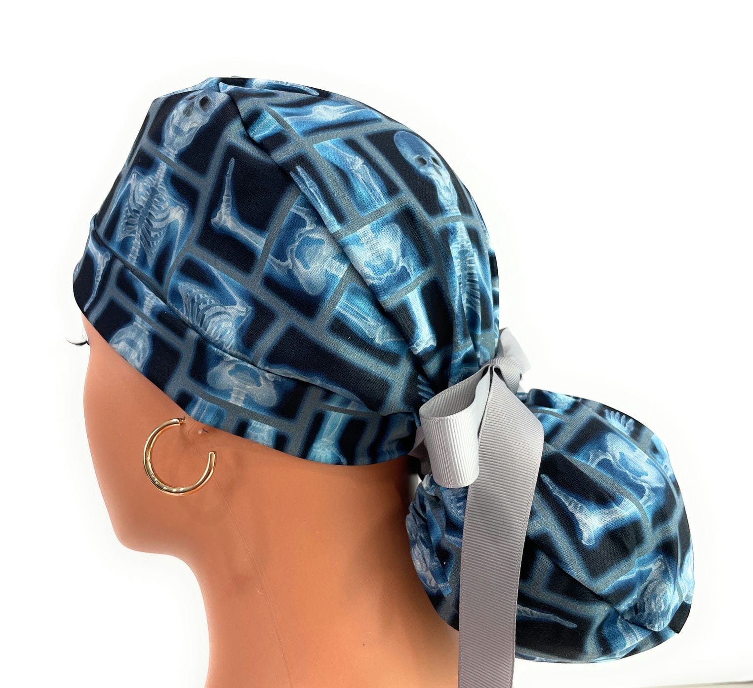 Turn Up Ponytail Medical Scrub Cap - Skeleton X-ray on Black Cotton Fabric - Image 7