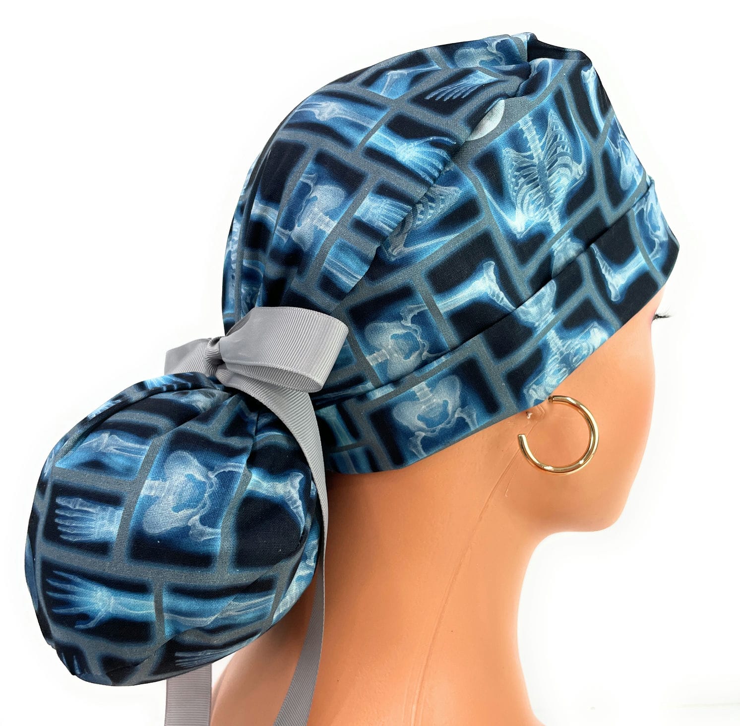 Turn Up Ponytail Medical Scrub Cap - Skeleton X-ray on Black Cotton Fabric - Image 5