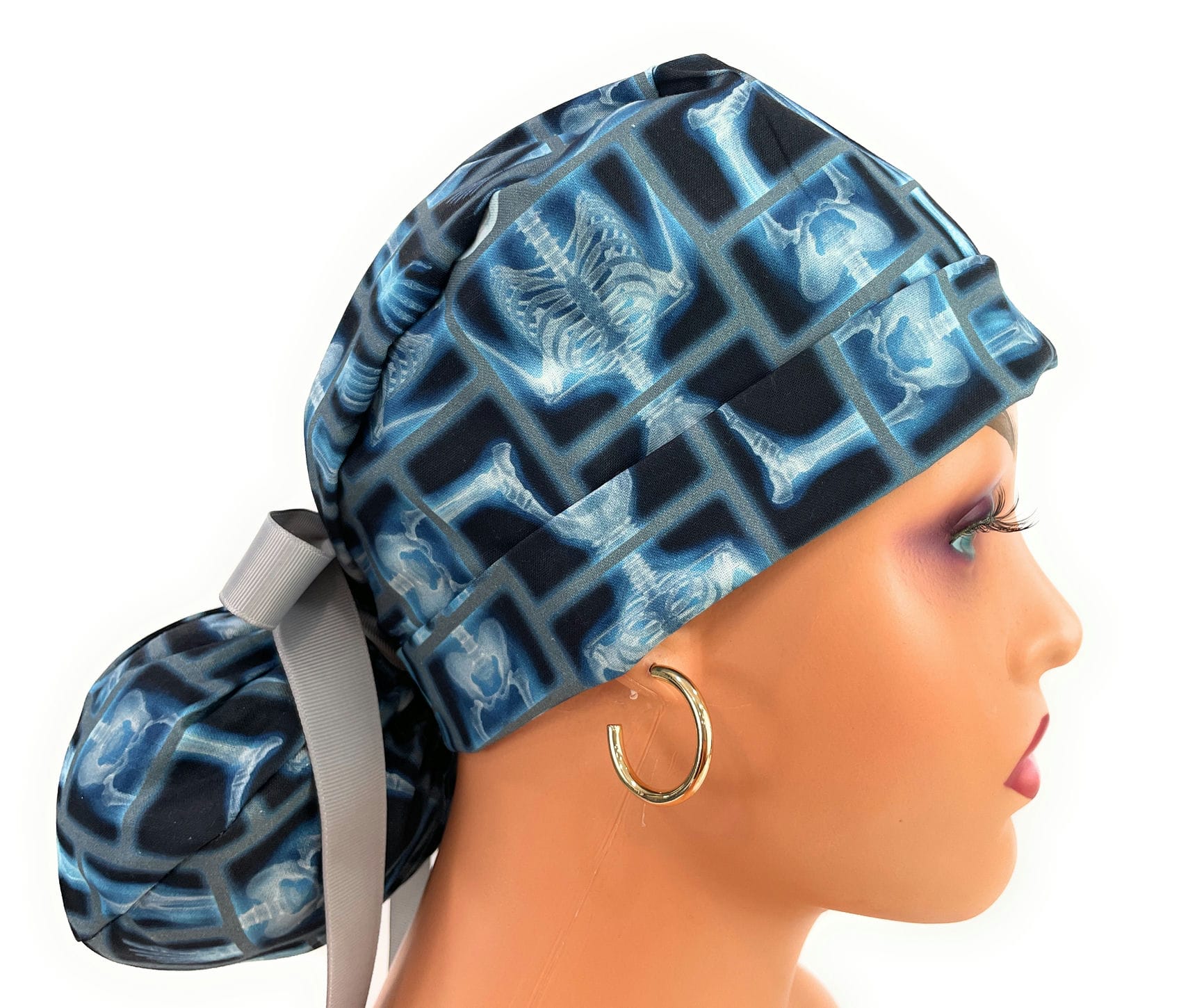 Turn Up Ponytail Medical Scrub Cap - Skeleton X-ray on Black Cotton Fabric - Image 4