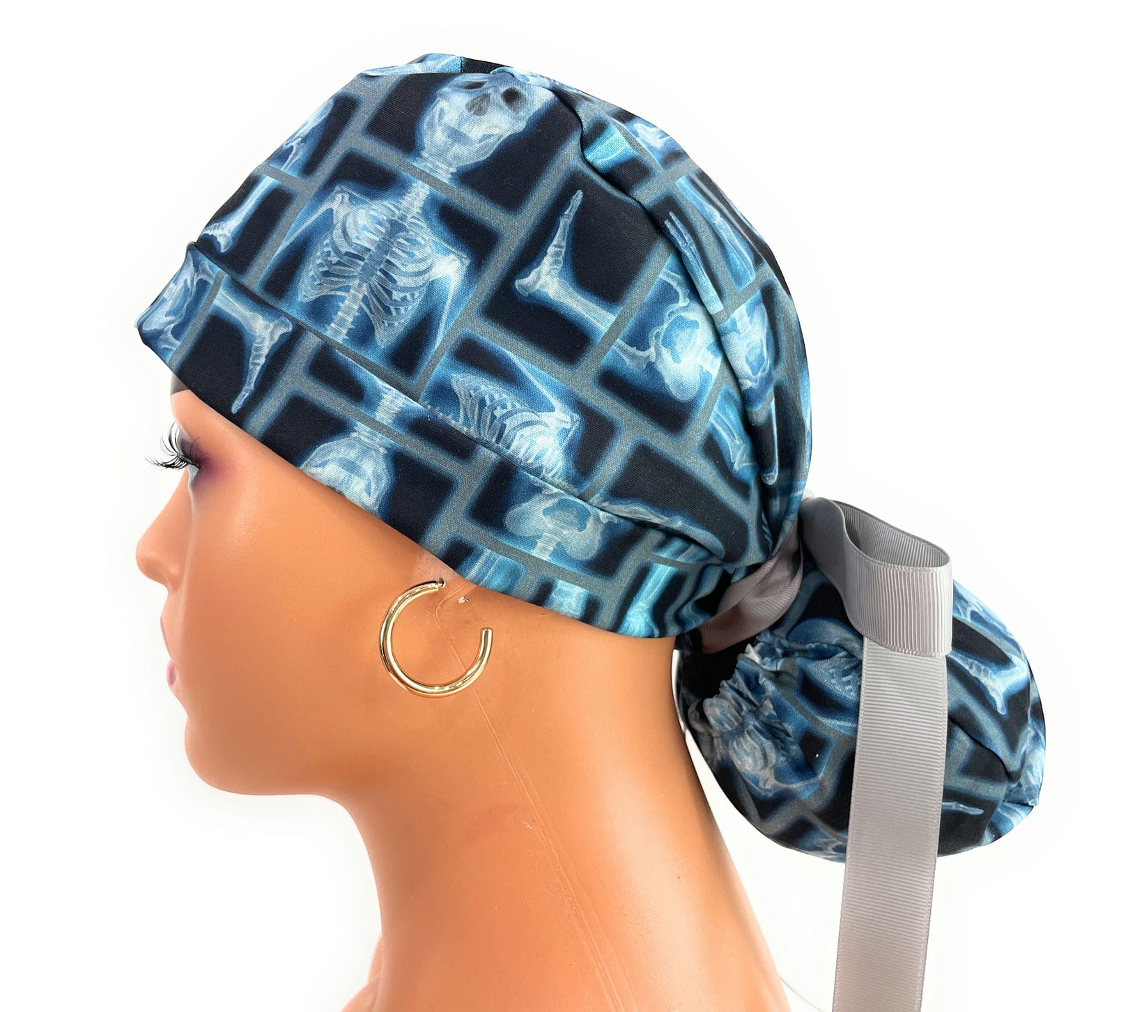 Turn Up Ponytail Medical Scrub Cap - Skeleton X-ray on Black Cotton Fabric - Image 3