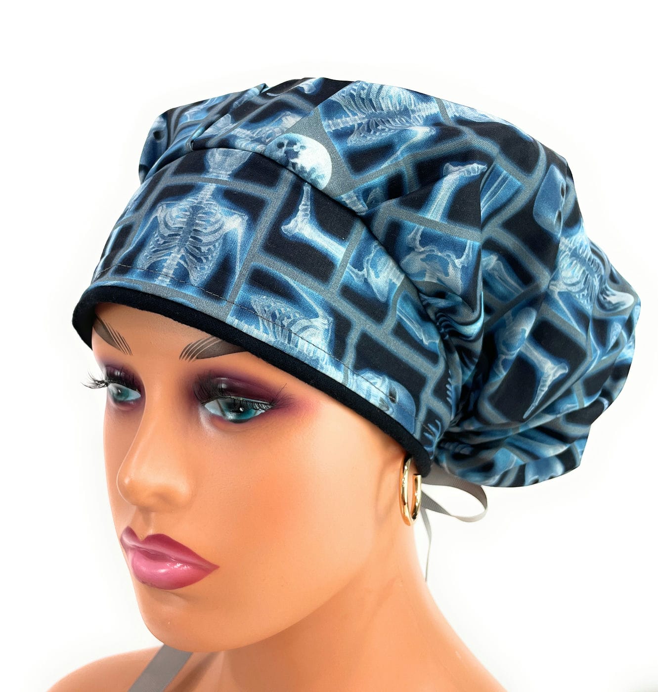 Bouffant Medical Scrub Cap - Skeleton X-ray on Black Cotton Fabric - Image 3