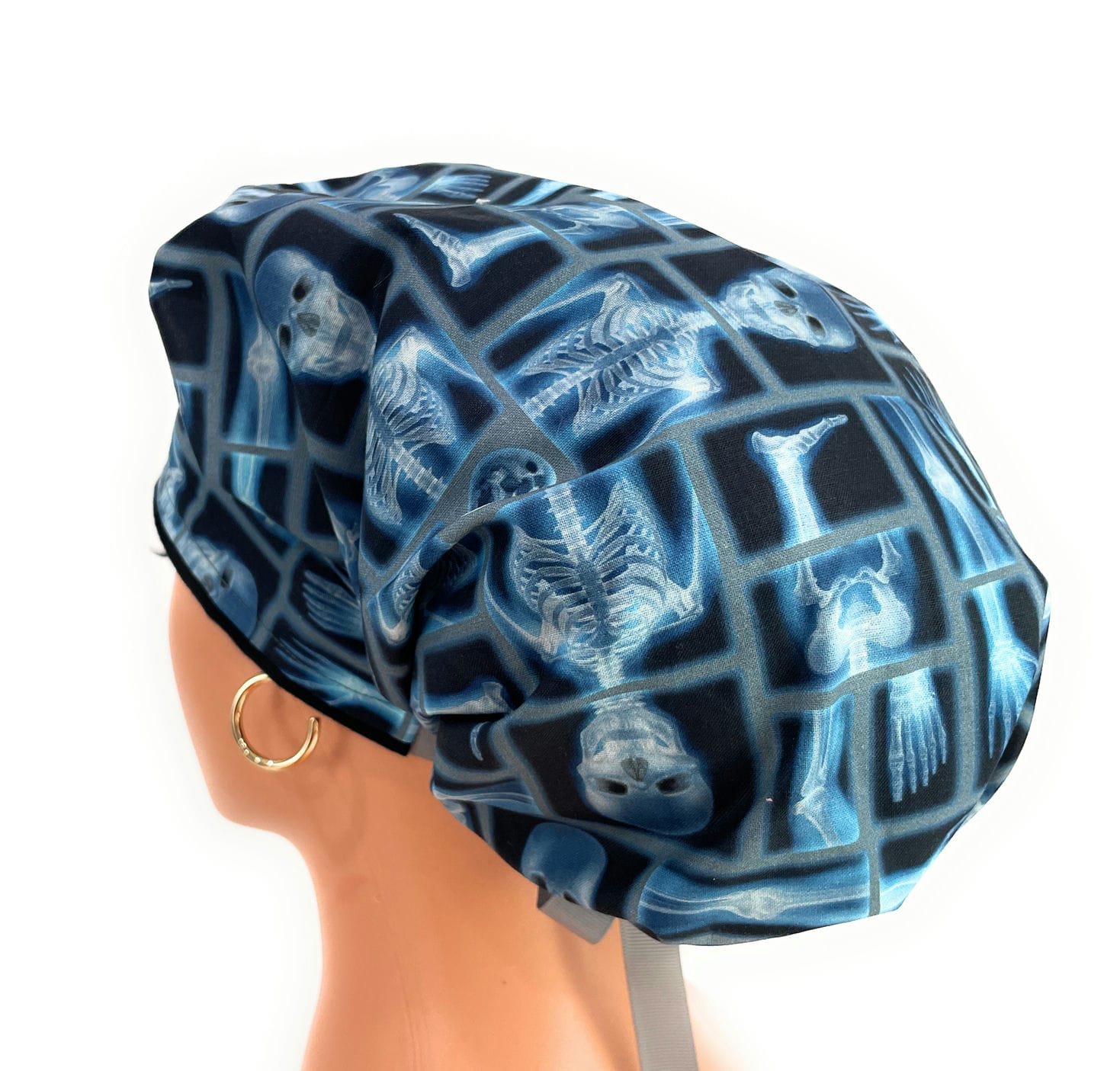 Bouffant Medical Scrub Cap - Skeleton X-ray on Black Cotton Fabric - Image 9