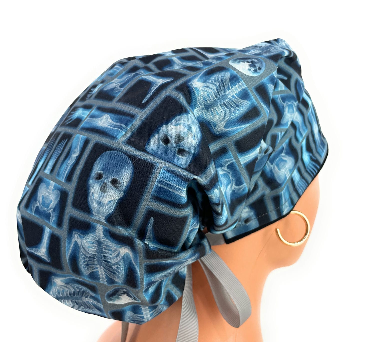 Bouffant Medical Scrub Cap - Skeleton X-ray on Black Cotton Fabric - Image 7