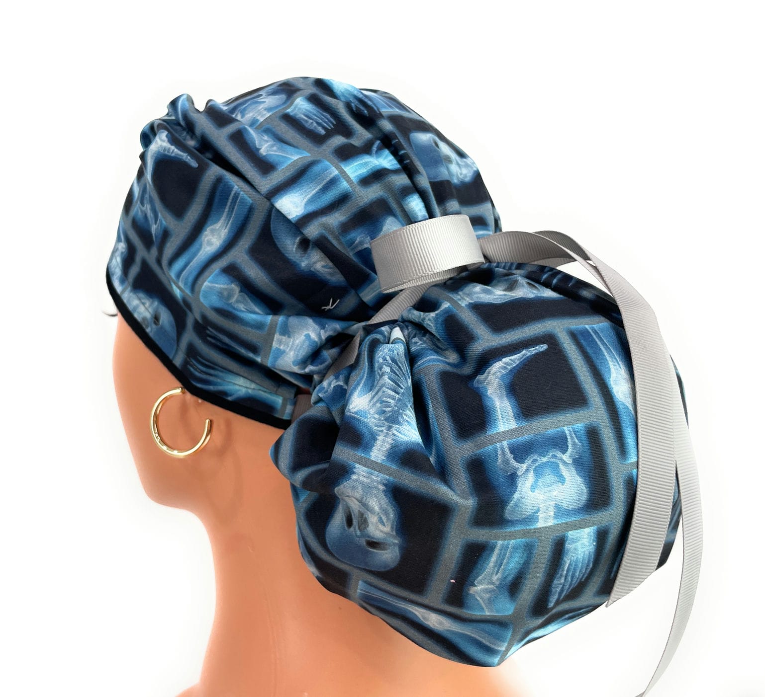 Bouffant Medical Scrub Cap - Skeleton X-ray on Black Cotton Fabric - Image 6