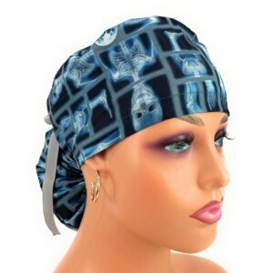 Ponytail Medical Scrub Cap –  Skeleton X-ray on Black Cotton Fabric