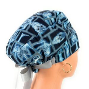 European Style Scrub Cap (Grosgrain Ribbon) - Skeleton X-ray on Black Cotton Fabric