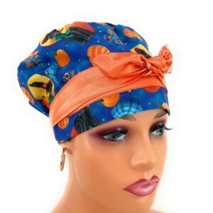 European Style Scrub Cap – (Sateen Ribbon) Abra-CAT-Dabra - Black Cat Moon - Cobalt