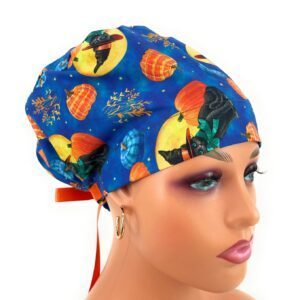 European Style Scrub Cap – (Grosgrain Ribbon) Abra-CAT-Dabra - Black Cat Moon - Cobalt