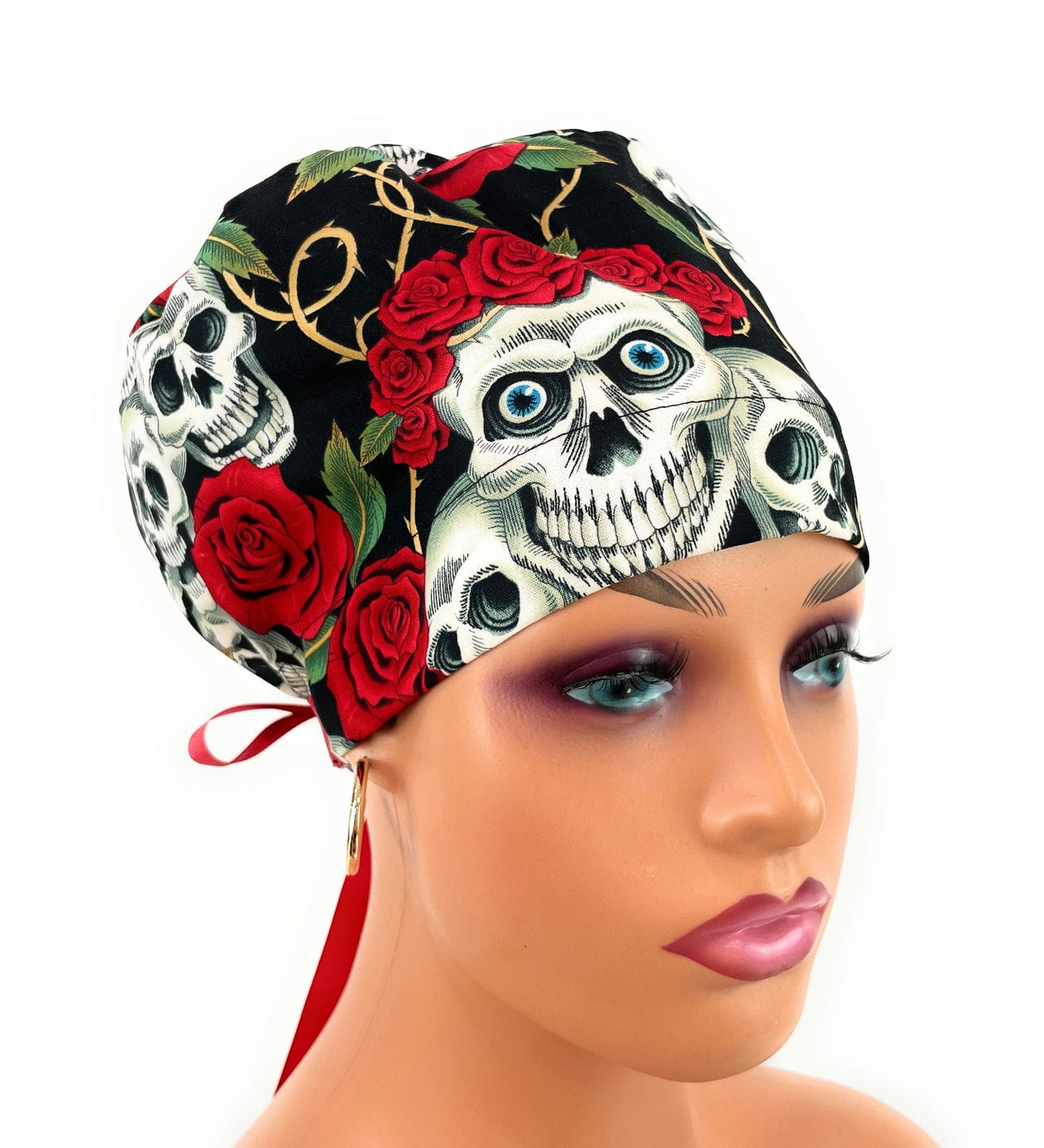 European Style Scrub Cap – (Grosgrain Ribbon) Skulls and Roses