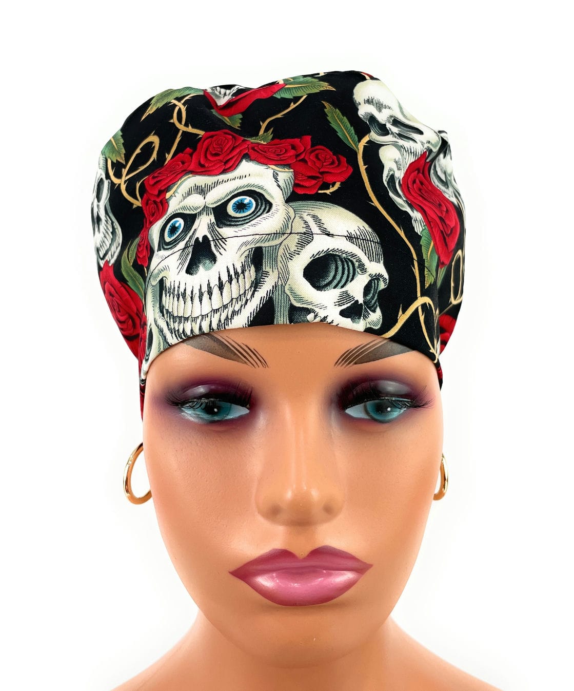 European Style Scrub Cap – (Grosgrain Ribbon) Skulls and Roses - Image 2
