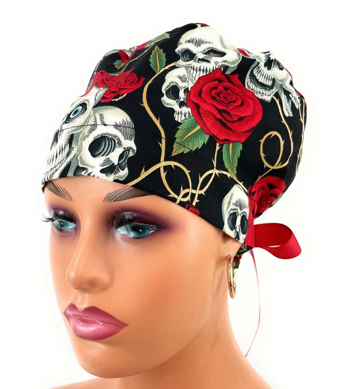 European Style Scrub Cap – (Grosgrain Ribbon) Skulls and Roses - Image 3
