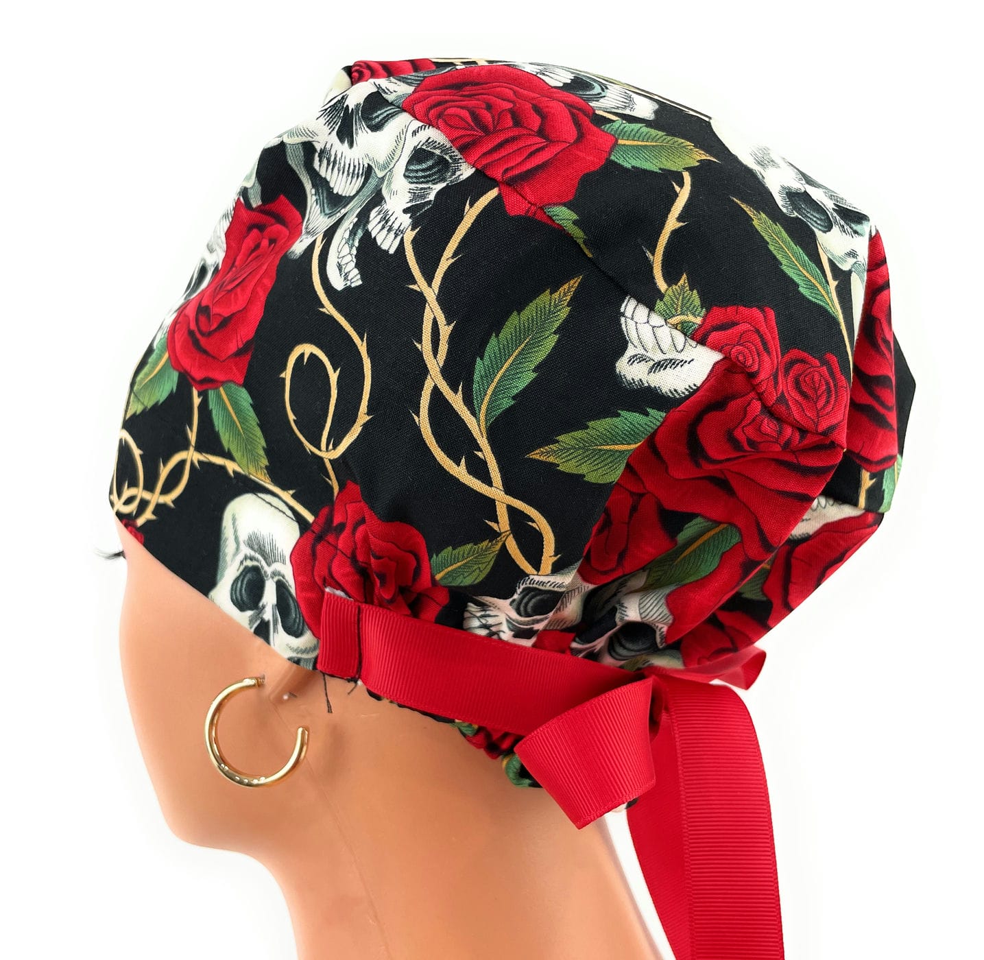 European Style Scrub Cap – (Grosgrain Ribbon) Skulls and Roses - Image 5