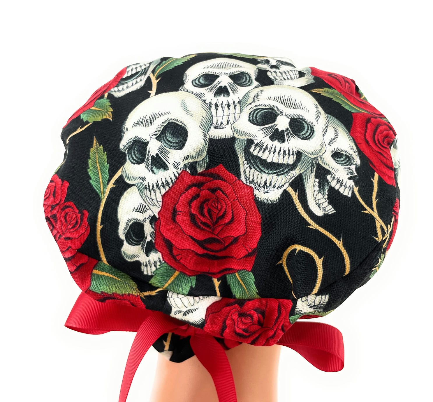 European Style Scrub Cap – (Grosgrain Ribbon) Skulls and Roses - Image 4