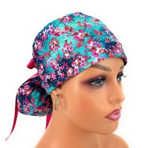 Turn Up Ponytail Medical Scrub Cap - Painted Cherry Blossom Blue/