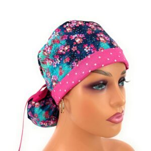 Turn Up Ponytail Medical Scrub Cap - Painted Cherry Blossom Blue/Dots