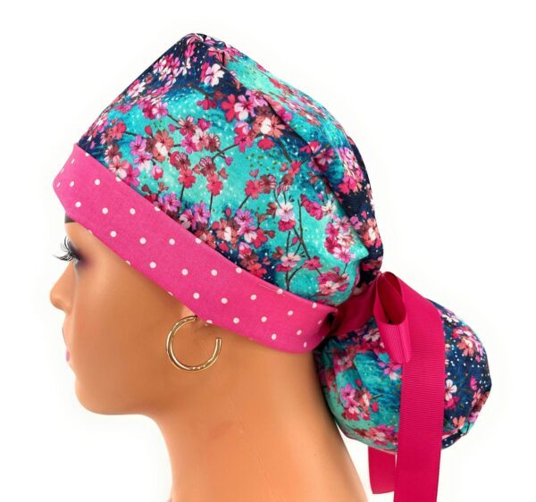 Turn Up Ponytail Medical Scrub Cap - Painted Cherry Blossom Blue/Dots - Image 5