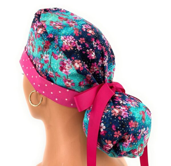 Turn Up Ponytail Medical Scrub Cap - Painted Cherry Blossom Blue/Dots - Image 8