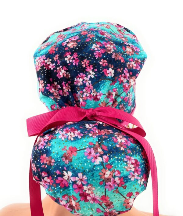 Turn Up Ponytail Medical Scrub Cap - Painted Cherry Blossom Blue/Dots - Image 7