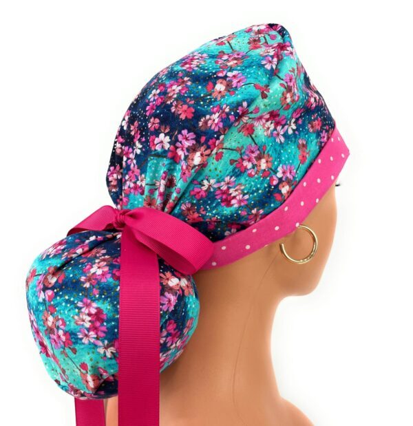 Turn Up Ponytail Medical Scrub Cap - Painted Cherry Blossom Blue/Dots - Image 6