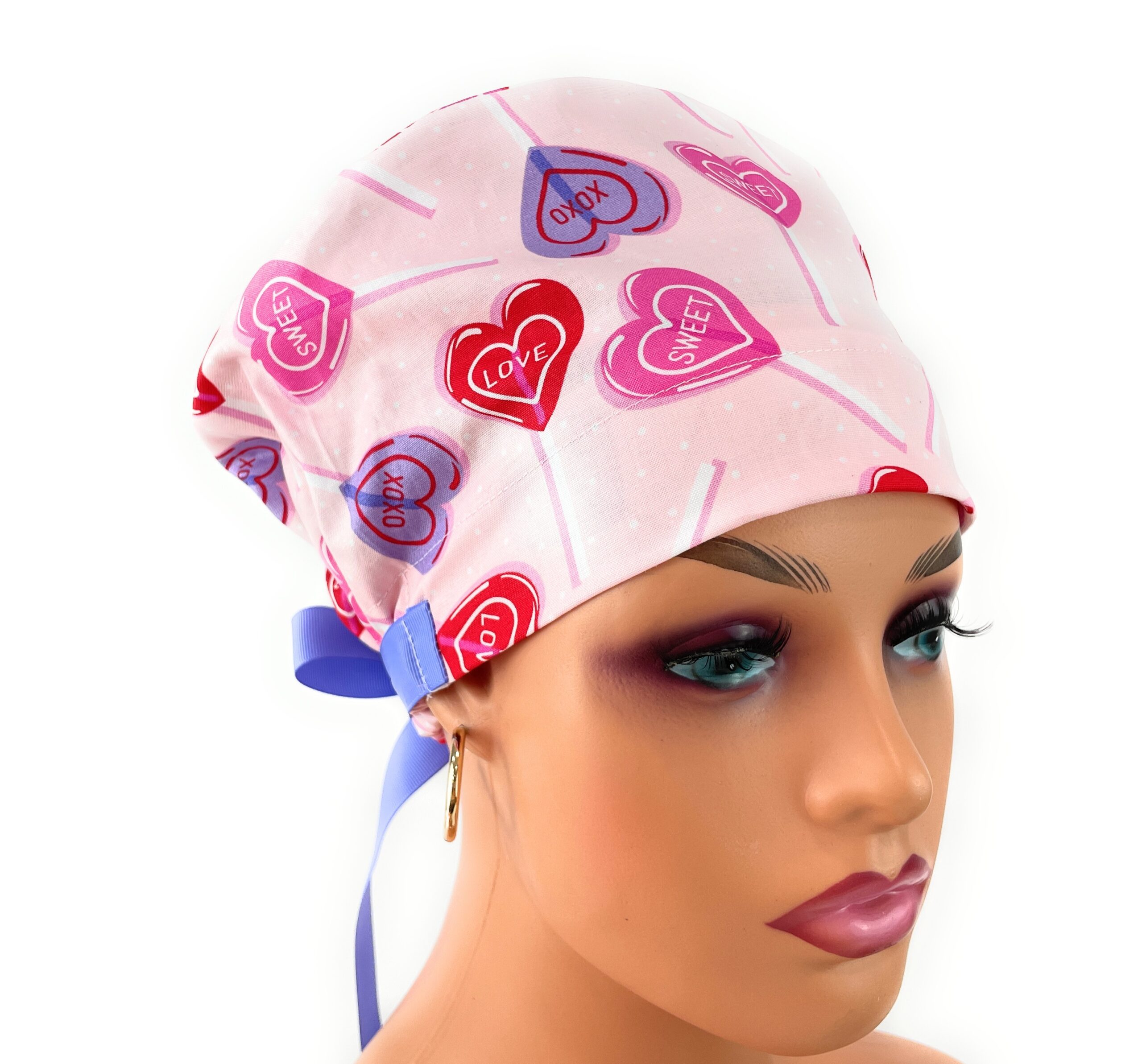 European Style Scrub Cap – (Grosgrain Ribbon) - Heart Lollipops - Valentine's Day