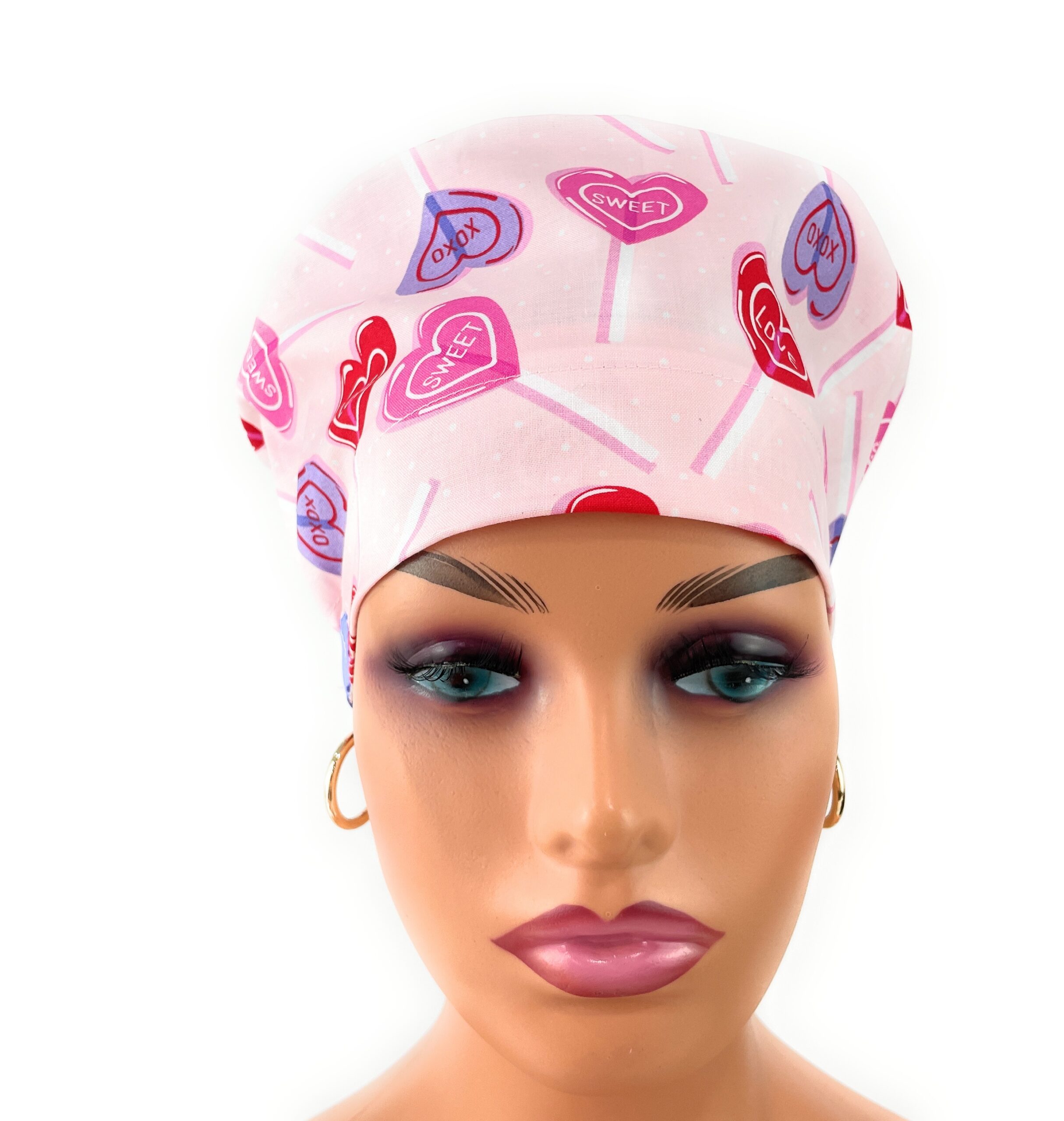 European Style Scrub Cap – (Grosgrain Ribbon) - Heart Lollipops - Valentine's Day - Image 3