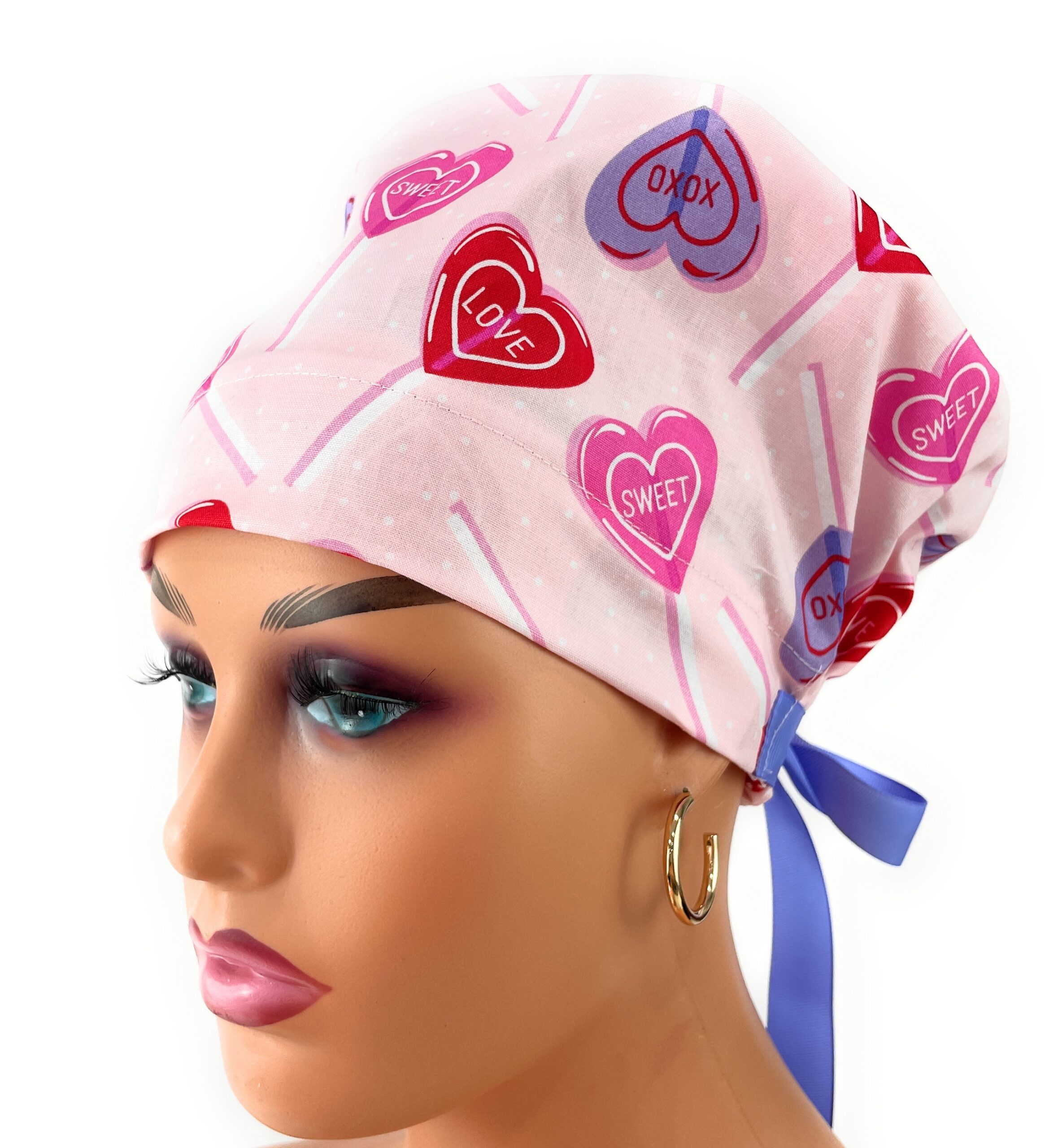 European Style Scrub Cap – (Grosgrain Ribbon) - Heart Lollipops - Valentine's Day - Image 4
