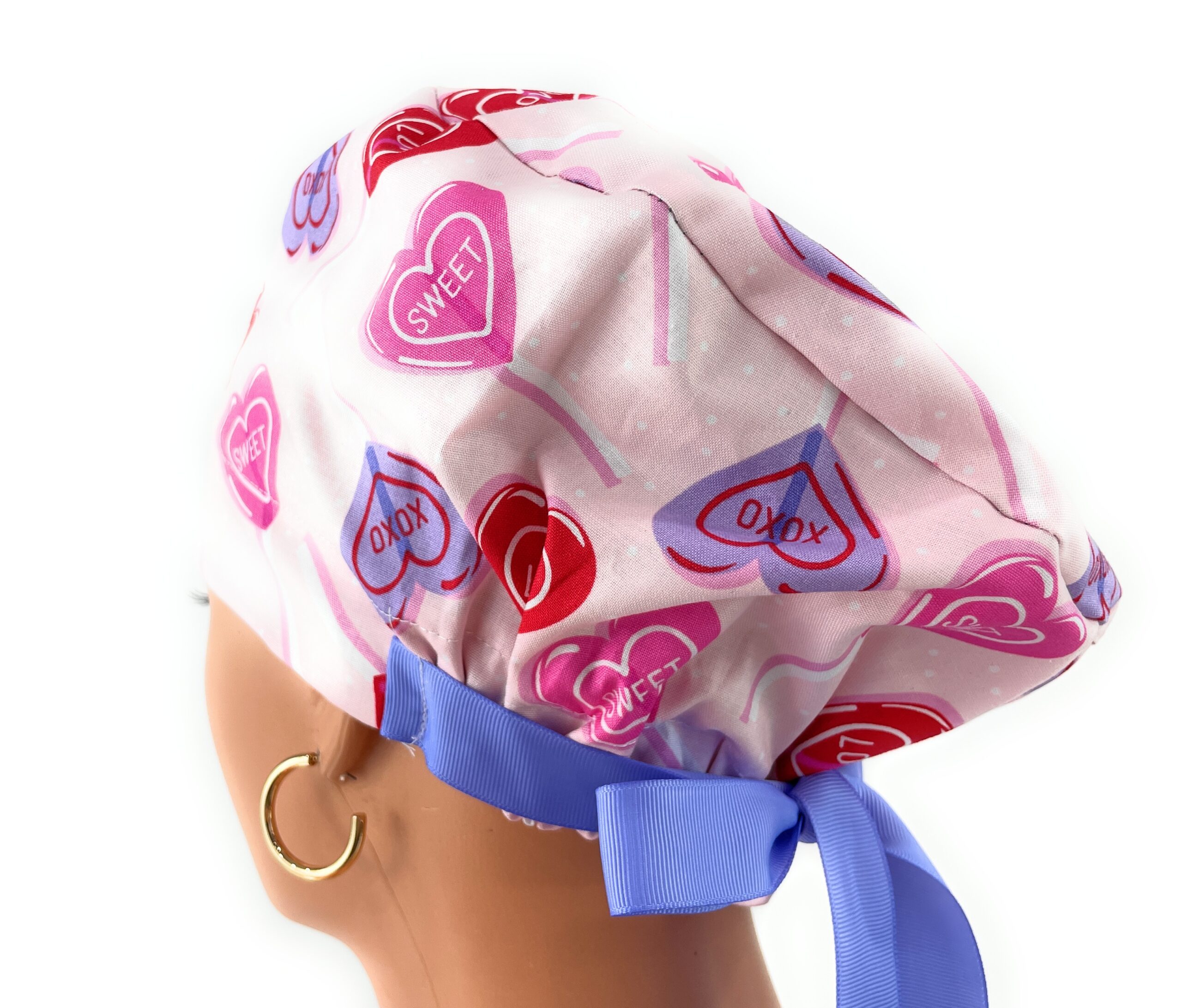 European Style Scrub Cap – (Grosgrain Ribbon) - Heart Lollipops - Valentine's Day - Image 5