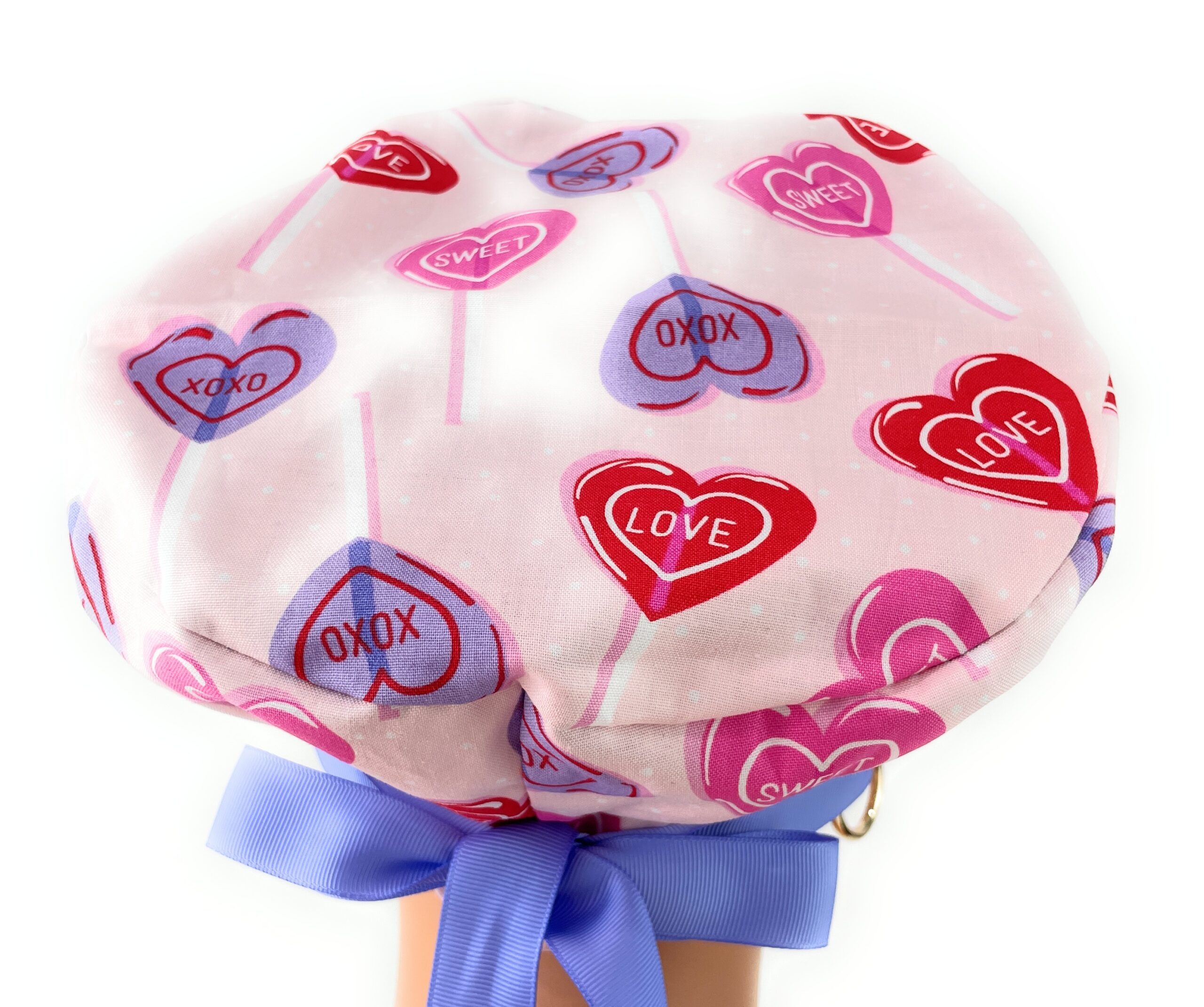 European Style Scrub Cap – (Grosgrain Ribbon) - Heart Lollipops - Valentine's Day - Image 6