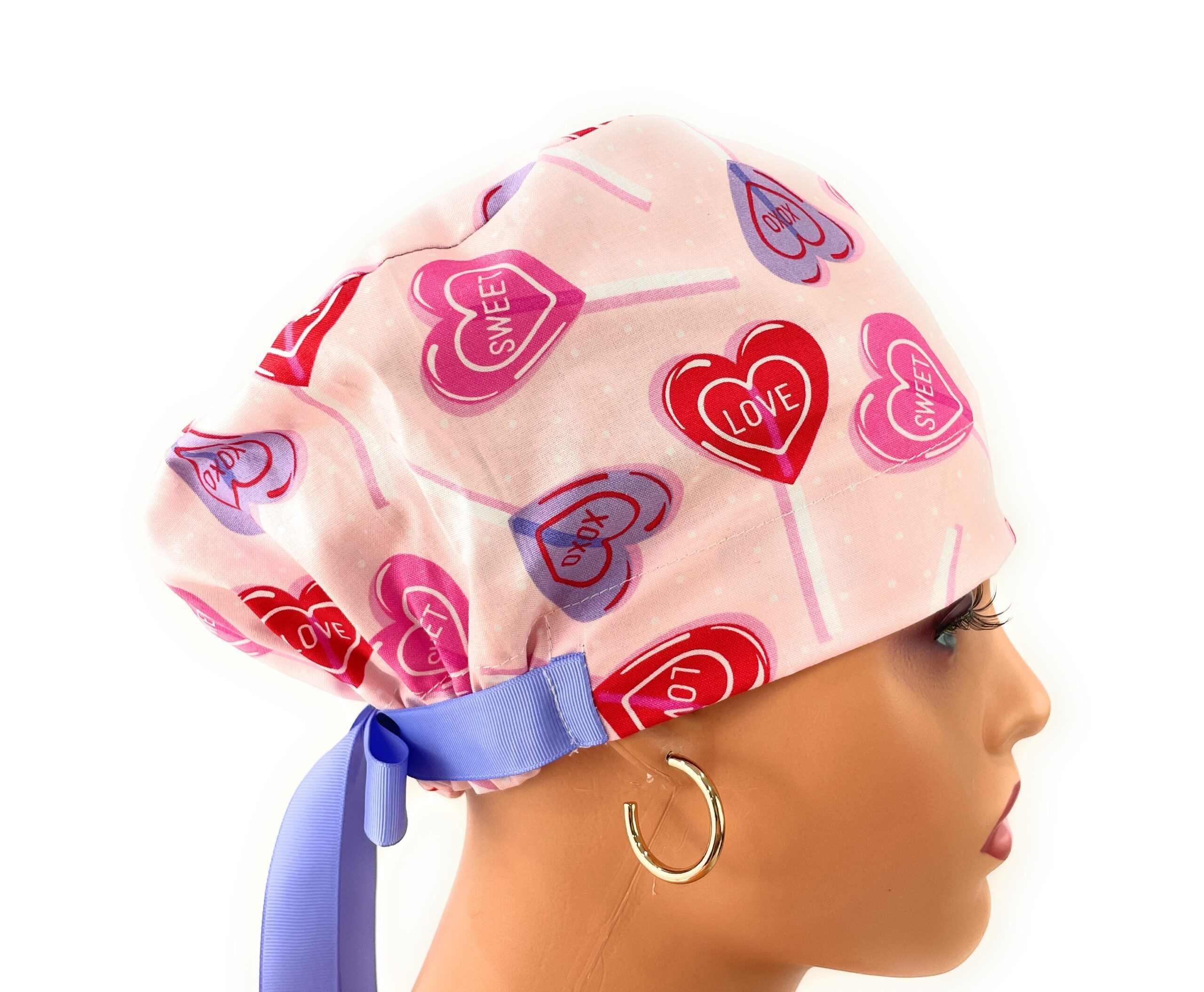 European Style Scrub Cap – (Grosgrain Ribbon) - Heart Lollipops - Valentine's Day - Image 8