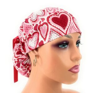 Ponytail Medical Scrub Cap –  Vintage Hearts Cotton Fabric