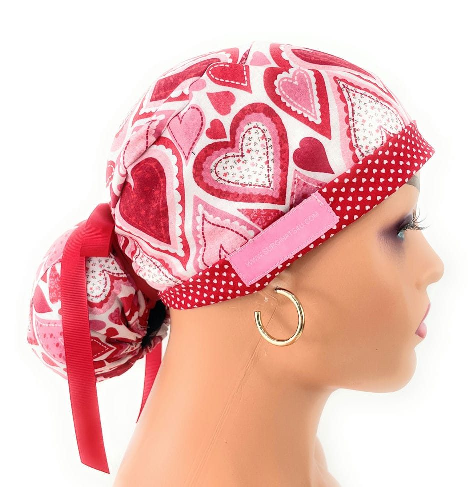 Ponytail Medical Scrub Cap – Vintage Hearts/Tiny Hearts - Valentine's Day - Image 3