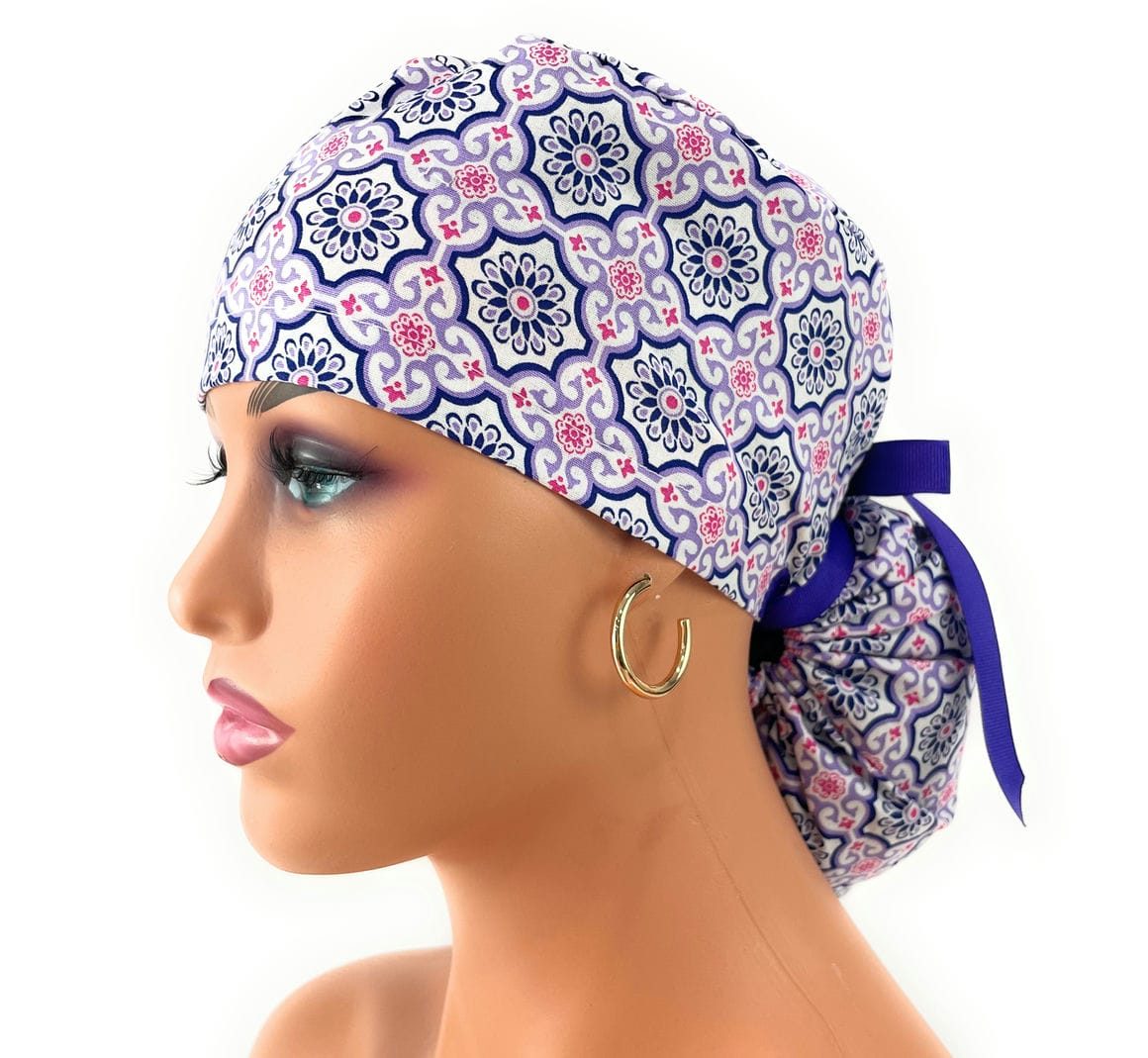 Ponytail Medical Scrub Cap – Bohemian Dreams - Mandala Crescents - Purple - Image 4