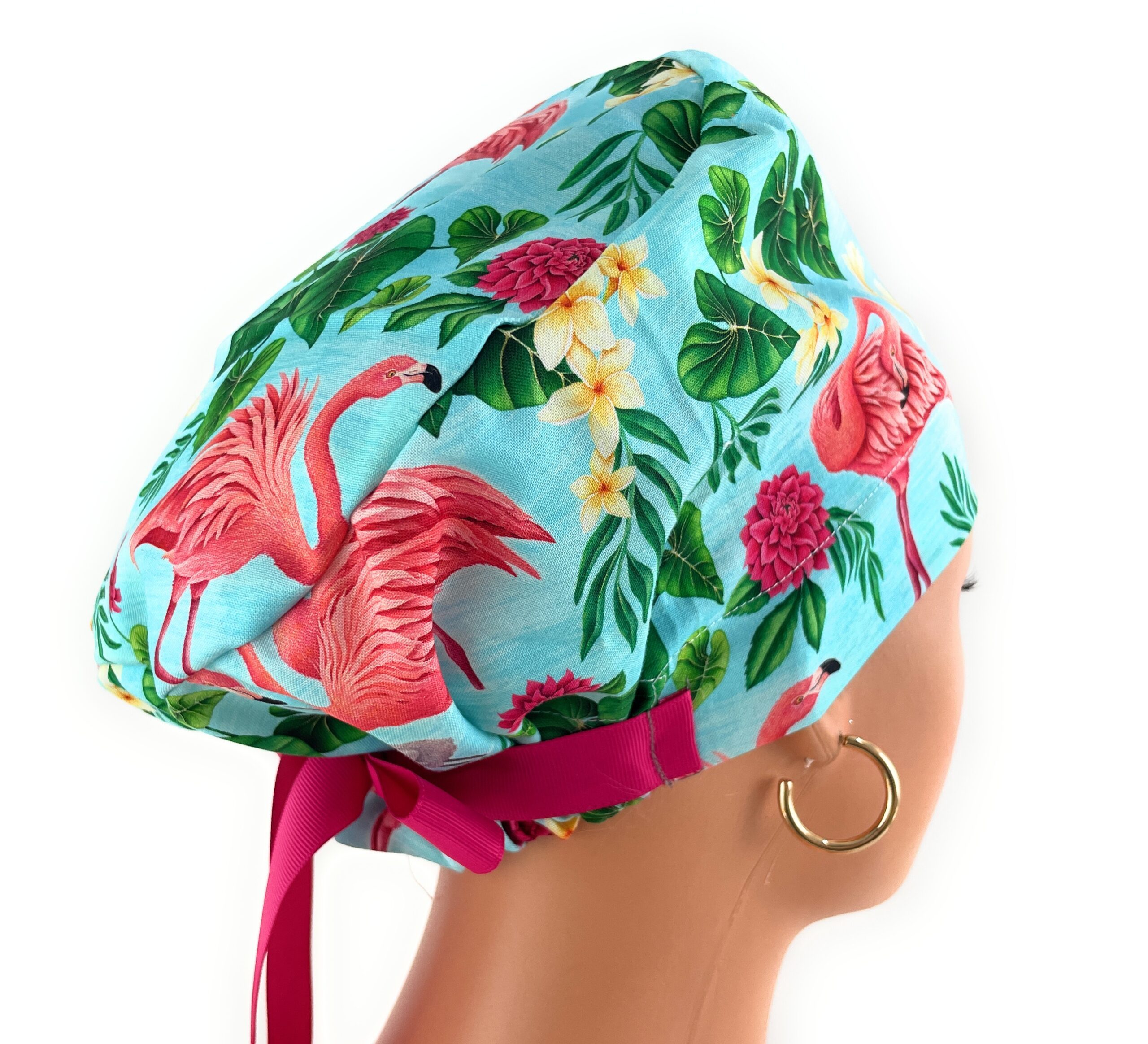 European Style Scrub Cap – (Grosgrain Ribbon) - (No Ribbon) - Tropical Paradise - Posed Flamingos - Image 5