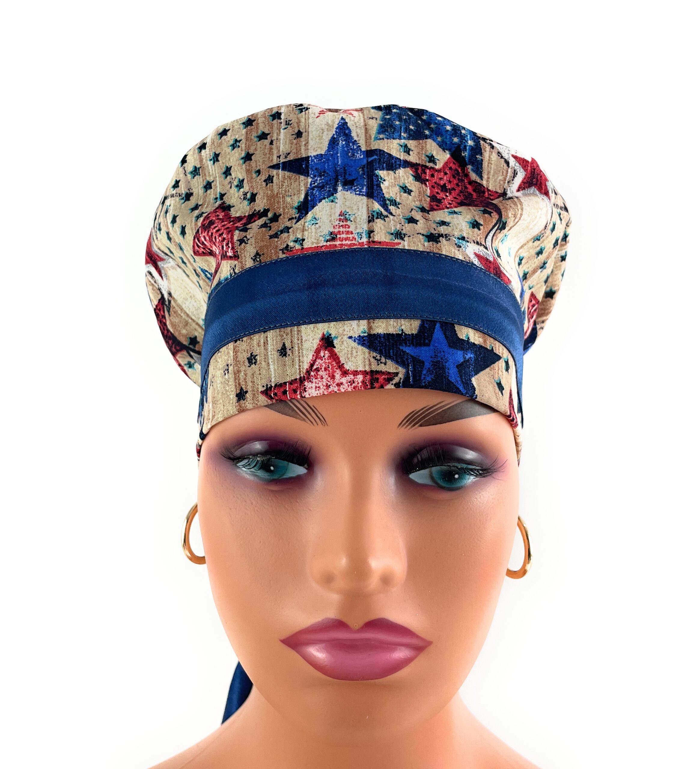 European Style Scrub Cap – (Sateen Ribbon) - Patriotic Picnic - Image 3