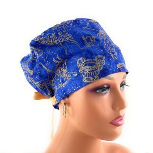 European Style Scrub Cap – (Grosgrain Ribbon) - (No Ribbon) - Zodiac Signs - Cobalt/Gold