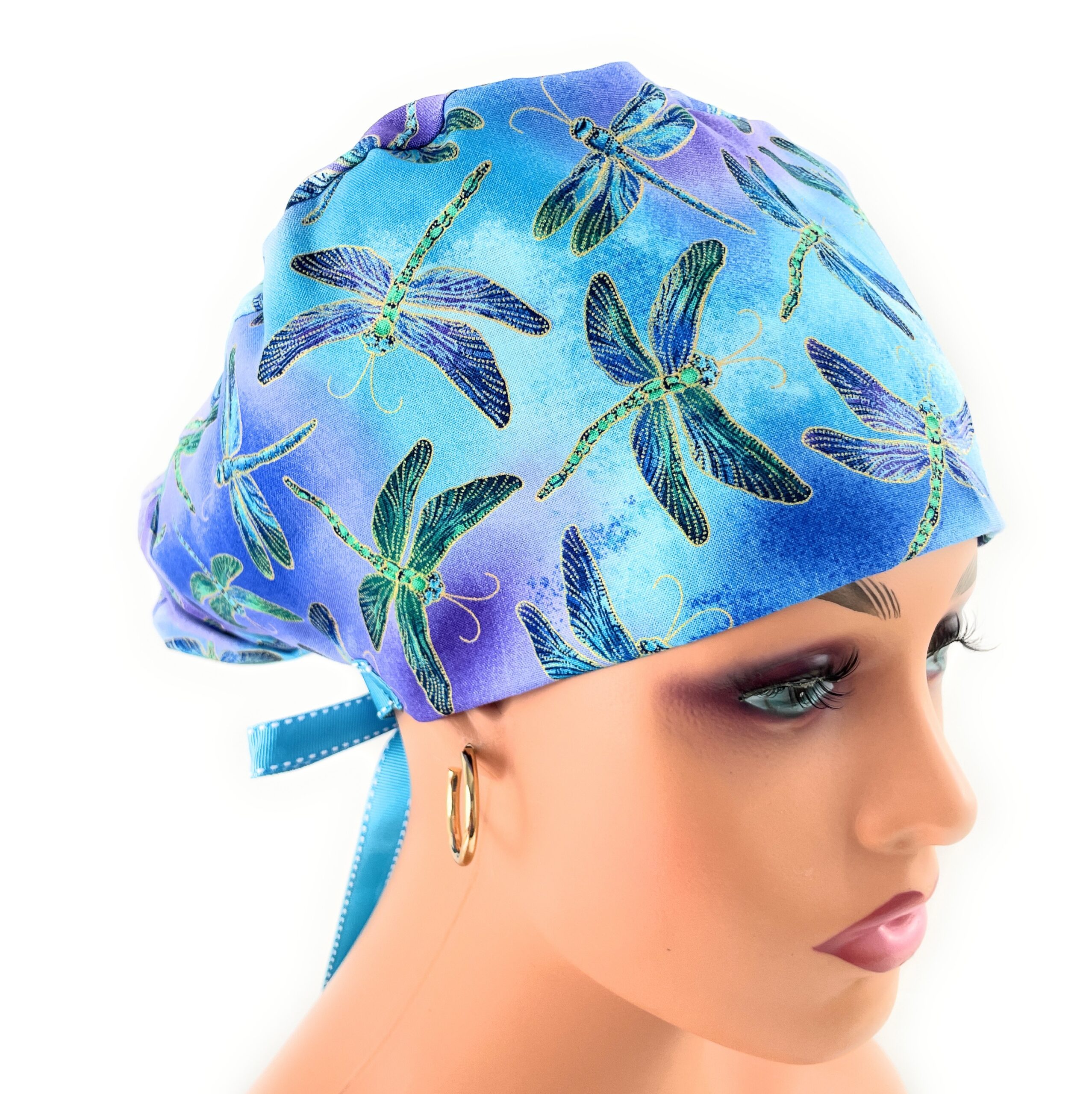 Double Sided Ponytail Medical Scrub Cap - Hi Fashion Flying Dragonflies